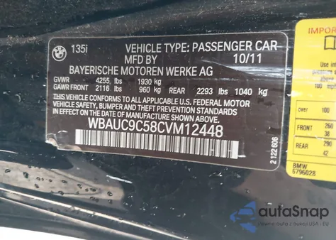 2012 BMW 135I z USA, uszkodzony, nr VIN WBAUC9C58CVM12448